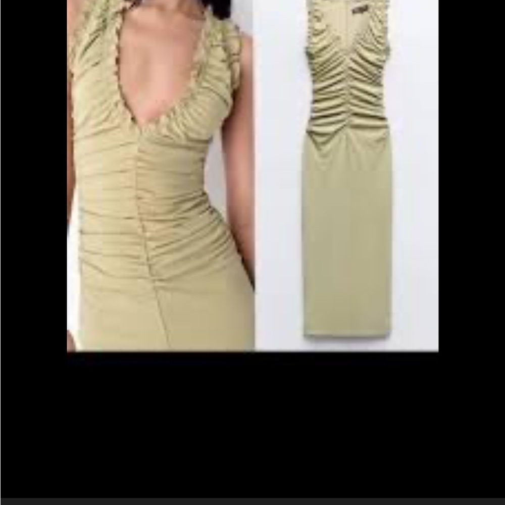 Zara Ruched V-Neck Sleeveless Midi Dress in Light Olive